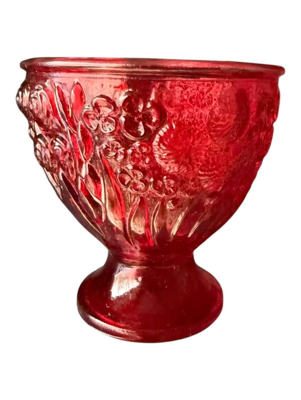 Vintage Avon Red Flash Glass Compote Floral Egg Candy Dish